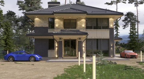 Главный фасад дома. Источник изображения: Дзен-канал "Николай Ершов_ПРОЕКТЫ и ДИЗАЙН"