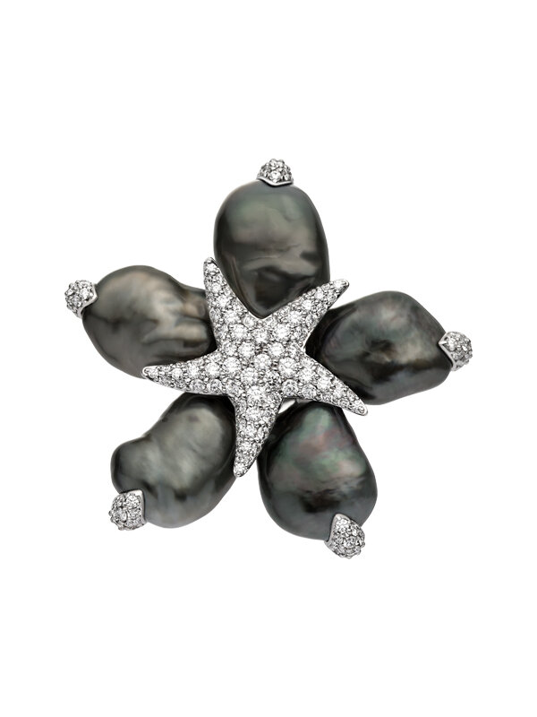 Брошь Mikimoto Baroque из белого золота с бриллиантами и барочными черными жемчужинами