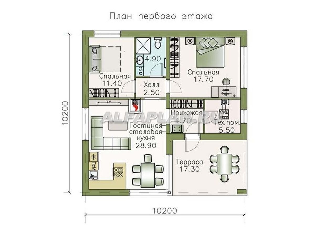 Планировка одноэтажного дома по проекту "Дега" 372В,  ©Владимир Тарасов