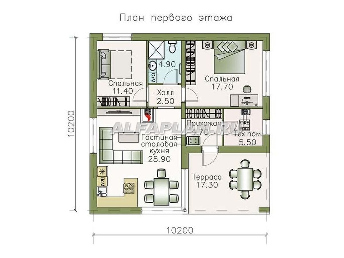Планировка одноэтажного дома по проекту "Дега" 372В,  ©Владимир Тарасов