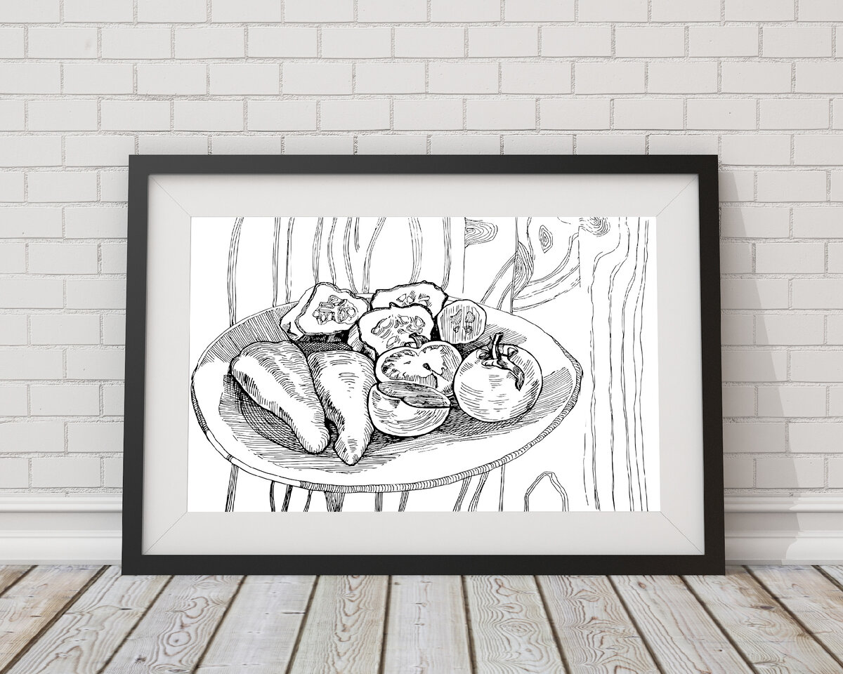 С этой моей иллюстрацией я написала статью под названием "Рецепты художника. Один из моих любимых салатов это греческий". Ссылки добавлю в конце публикации.