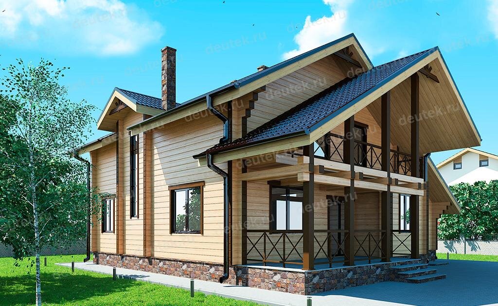 Проект деревянного дома 178 м2 из профилированного бруса с гаражом, балконом и террасой - DTW0008
