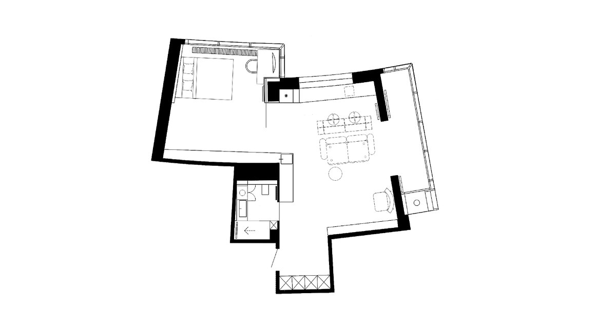 Все ненесущие внутренние стены демонтировали, изолированной оставили только ванную. Спальню обособили стеклянной перегородкой, чтобы обеспечить приватность, но за счет прозрачности полотна визуально комната всё еще является частью общего пространства.