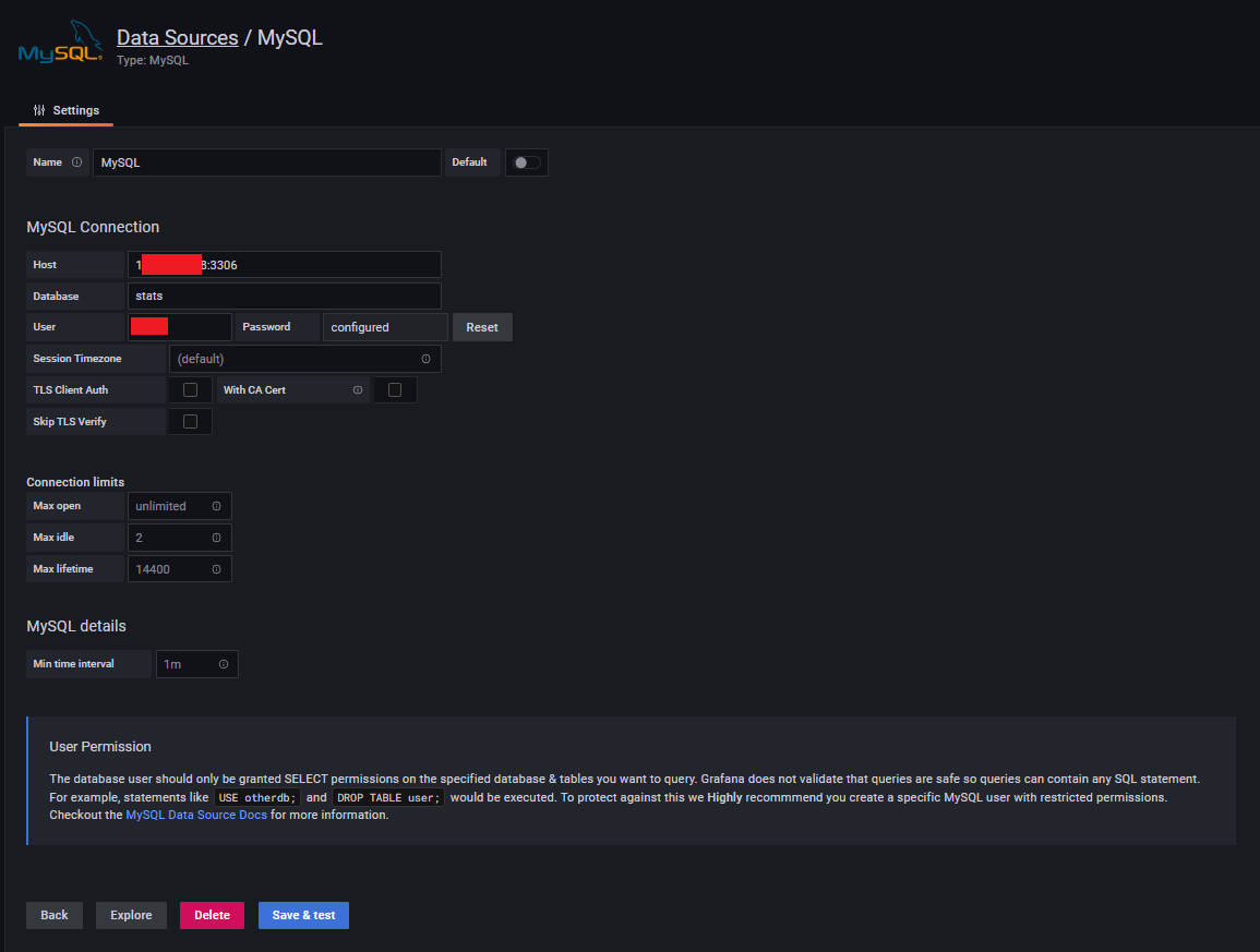 Конфигурирование источника данных внутри Grafana