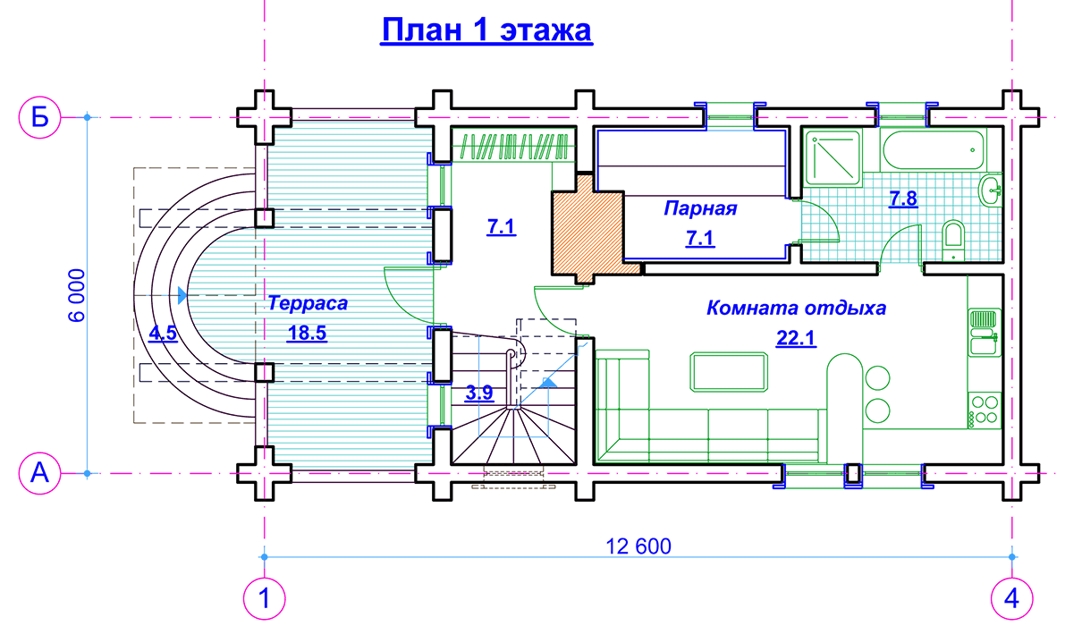 Проект бани 116 м2 из бруса в стиле барокко с балконом и террасой - EV-33