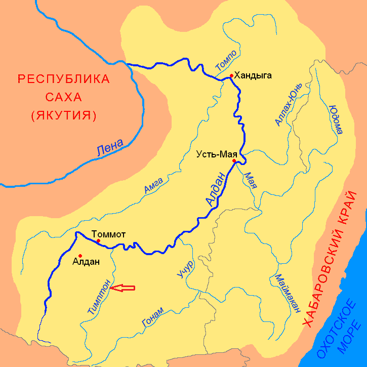 © СафроновАВ / CC BY-SA 3.0 (Бассейн Алдана и примерное место предполагаемого строительства Канкунской ГЭС)