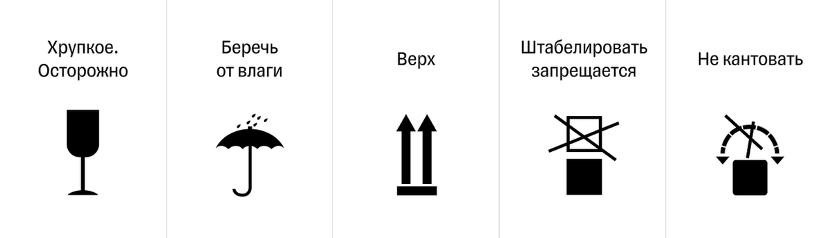 Какой знак манипуляции выбрать, зависит от вида товара, который вы положите в коробку. Например, знак «Беречь от влаги» подойдет для книг и канцелярских товаров