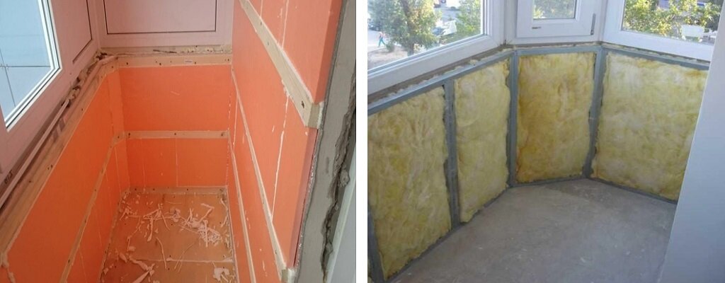 Утепление балкона пенополистиролом (слева) и минватой (справа)