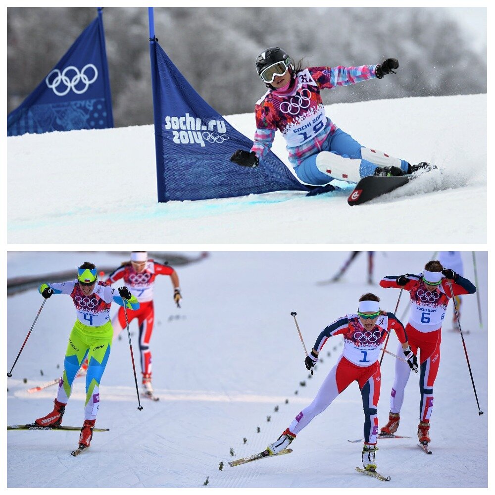 На верхнем фото сноубордистка Екатерина Илюхина, которая на прошлых играх Ванкувер-2010 завоевала серебро, первую медаль в истории российского сноуборда! К сожалению, на домашней Олимпиаде Екатерина заняла место только в третьем десятке. 
На нижнем фото по роскошной снежной трассе бегут лыжницы, три норвежки и одна представительница Словакии. 