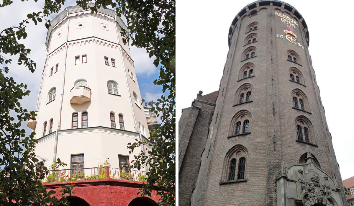 Слева: Тула, ул. Академика Павлова, слева от дома 56-в. Справа: круглая башня из Копенгагена (Дания). 