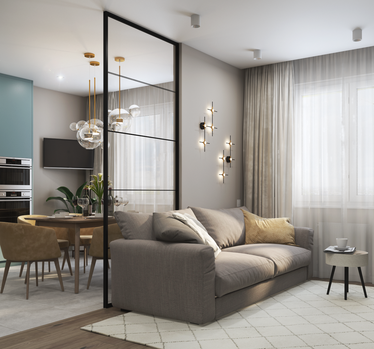 В гостиной мы положили паркетную доску Bonnard в оттенке Дуб Гравий, а на кухне красуется белый матовый керамогранит Vitra Newcon R 🌫