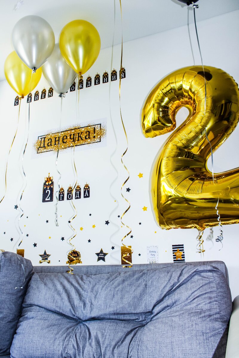 Украшение комнаты на день рождения шарами под потолок и фольгированными цифрами