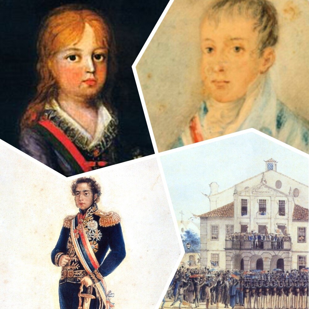 Педру в возрасте 2, 11, 18 лет. Педру от имени отца дает клятву повиновения португальской конституции 26 февраля 1821 года. Он стоит посреди балкона и приподнимает шляпу.