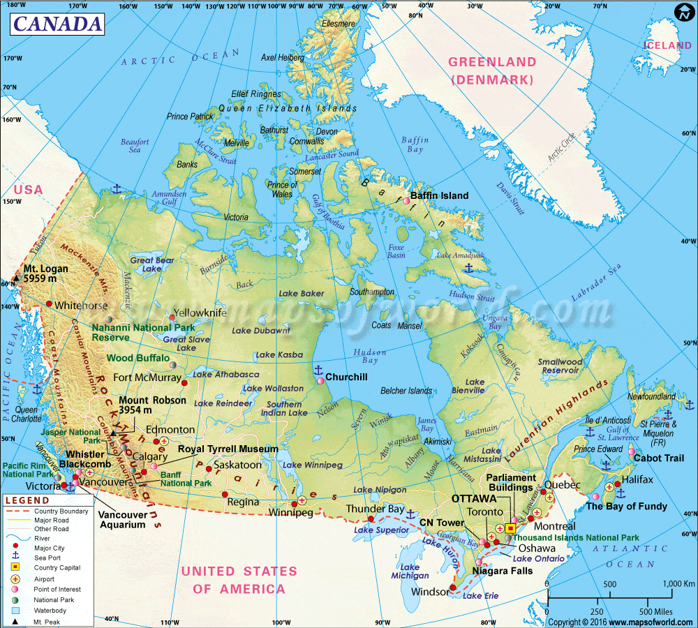 Карта достопримечательностей канады