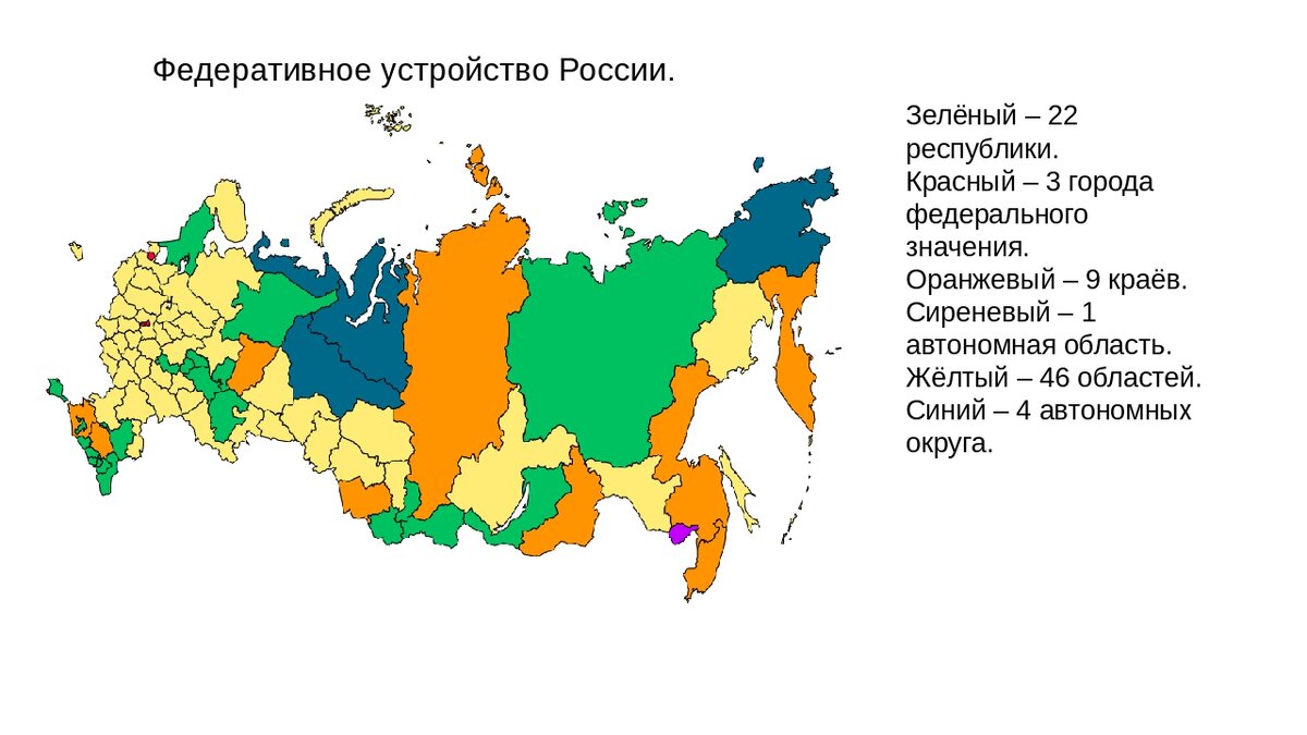 Автономная область республика город федерального значения. Субъекты РФ 1 автономная область. Федеративное устройство России карта. Федеральное устройство России субъекты РФ. Карта России 22 Республики 4 автономных округа 1 автономная область.