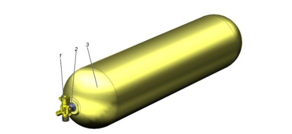 Баллон топливный.   1-Вентиль газовый заправочный; 2-Переходник баллона; 3-Баллон.