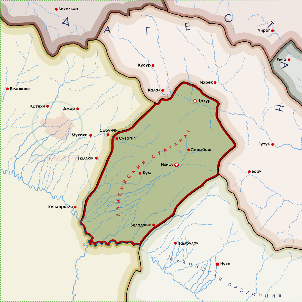 На фото: Илисуйский султанат (Цахурский султанат) 1818–1826 гг. Автор реконструкции картограф Адам Кардви. 