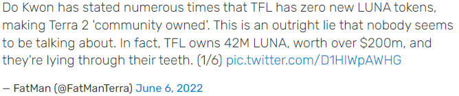 До Квон неоднократно заявлял, что у TFL нет новых токенов LUNA, что делает Terra 2 "собственностью сообщества". Это откровенная ложь, о которой, похоже, никто не говорит. На самом деле, TFL владеет 42 млн LUNA, стоимостью более 200 млн долларов, и они врут сквозь зубы. (1/6)