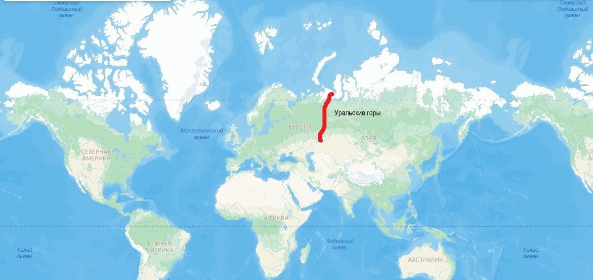 Очертания Уральских гор на карте мира.