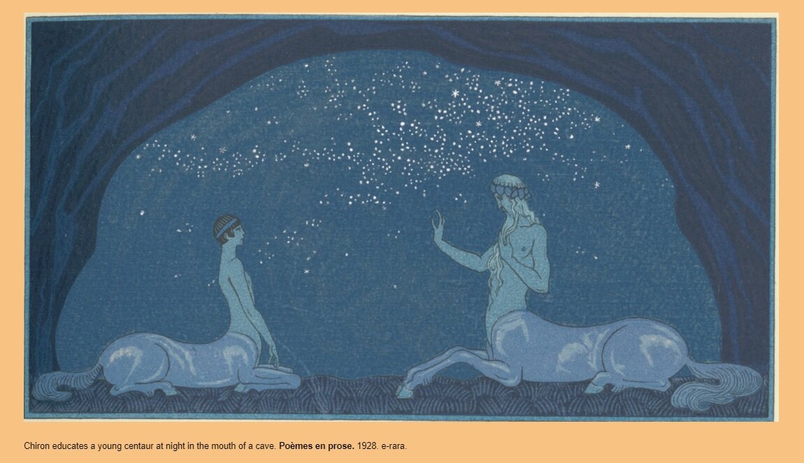 Иллюстрация к "Поэмам в прозе" Мориса де Герена в издании 1928 года; поэма "Кентавр". Старый Хирон наставляет юного кентавра Мелампа. Мой перевод почитать можно тут: http://samlib.ru/editors/k/kirillina_l_w/centaur.shtml