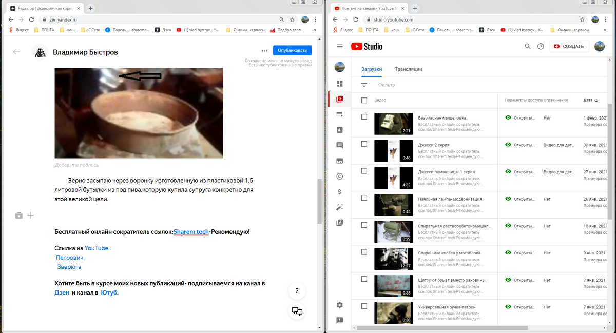 Открыты две вкладки,на одной Дзен, на другой Ютуб.