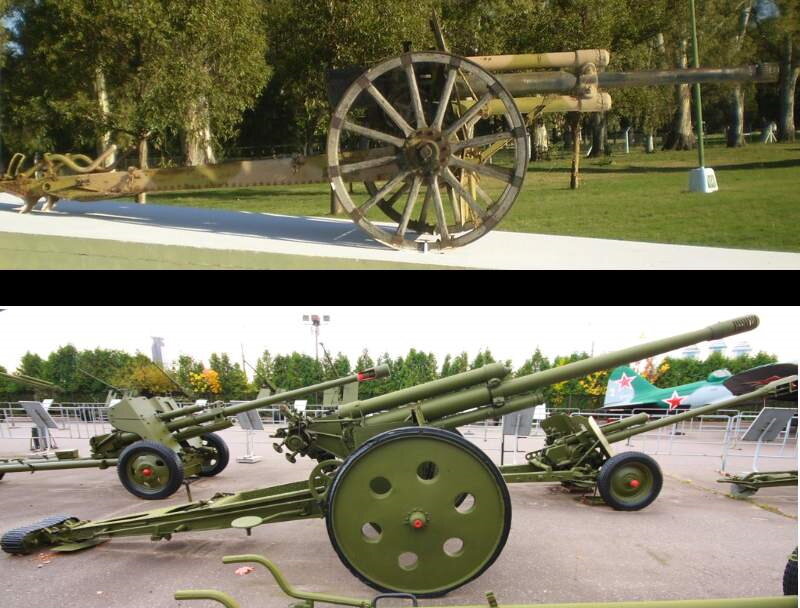 Сверху 75-мм пушка фирмы «Бофорс» аргентинской армии, снизу опытная 76-мм полууниверсальная пушка Грабина Ф-20. Как говорится, найдите отличия.