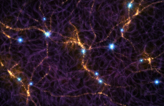Фото крупномасштабной картины космоса в виде сетки или паутины из галактических кластеров.