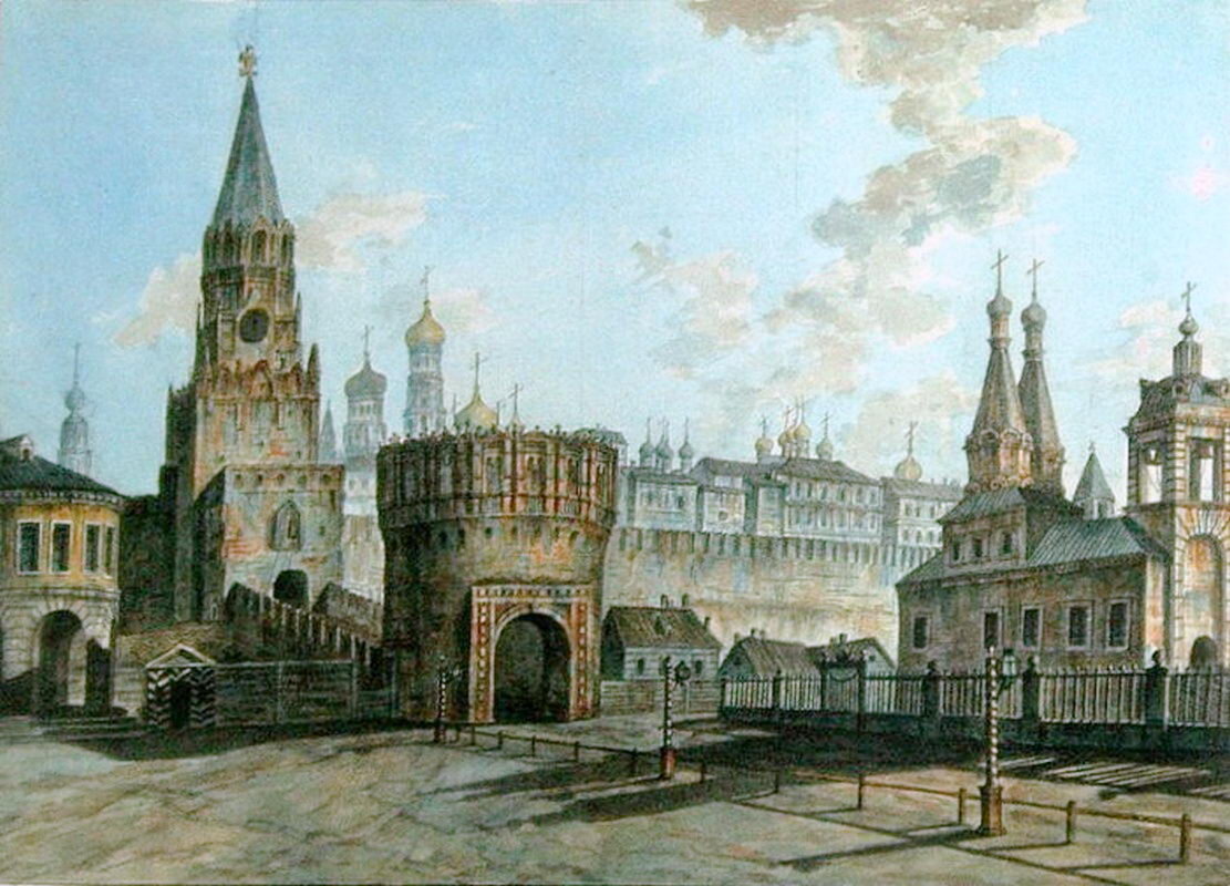 Кутафья башня, Троицкий мост, Троицкая башня. Рис. 1800 г.