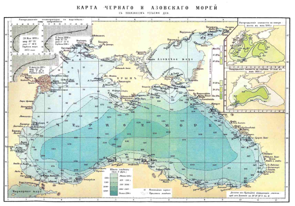 Карта Черного и Азовского морей с глубинами 