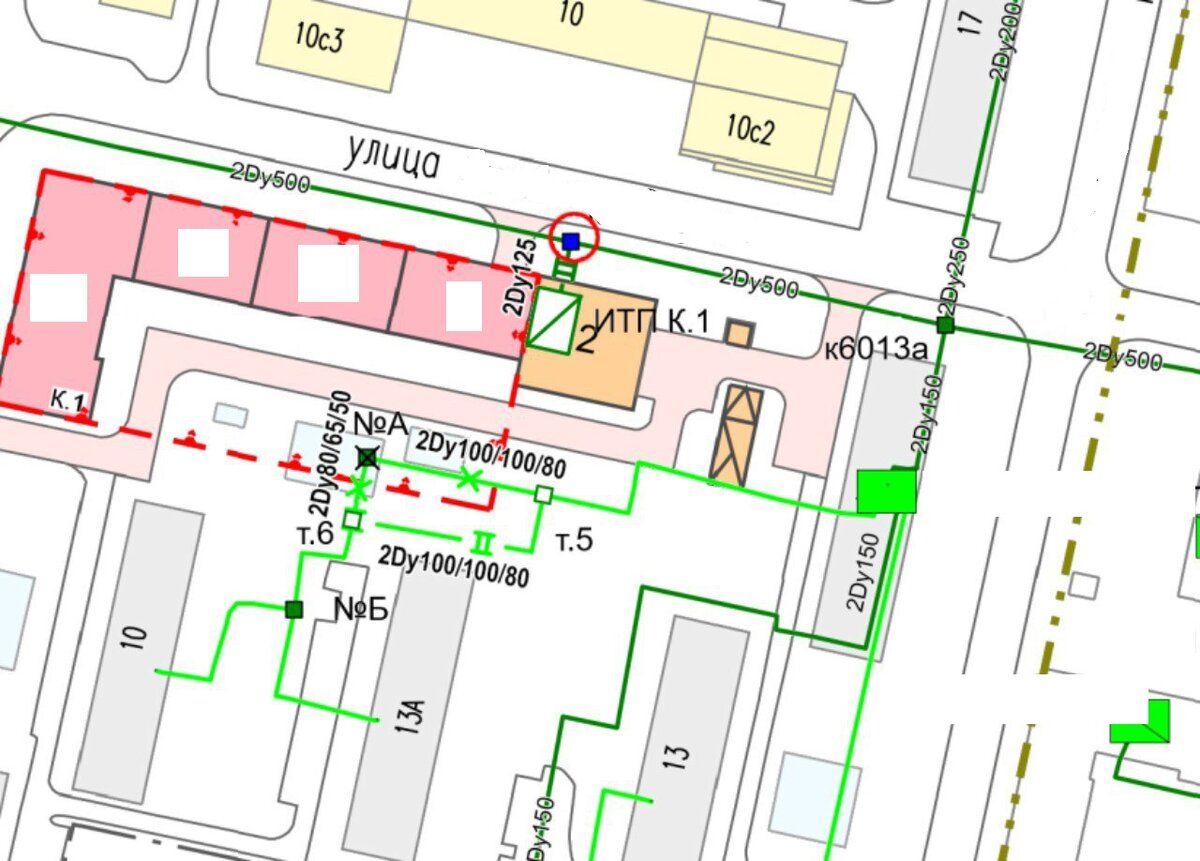 Видим ввод теплосети в здание и примерное помещение ИТП