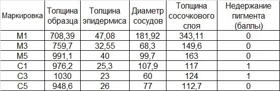 Таблица №1 Морфометрические показатели гистологического исследования (мкм)