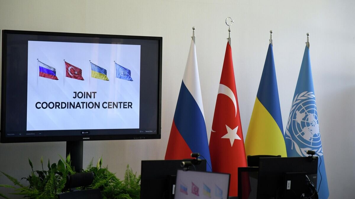    Флаги на открытии координационного центра Россия-Турция-Украина-ООН по транспортировке зерна с Украины в Университета министерства обороны Турции в Стамбуле© РИА Новости / Максим Дурнев