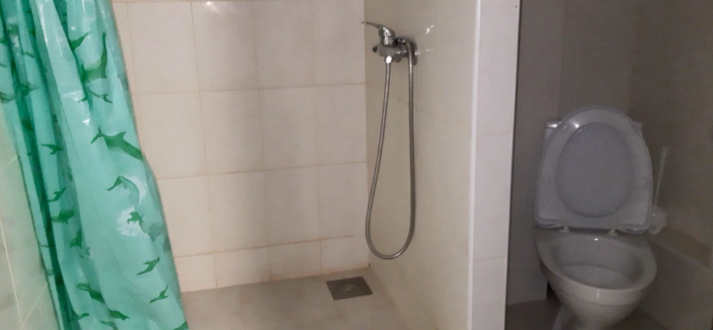 Санузел. Душ самый простой. Без полочек. И даже смесителя нет, только лейка и шланг. Умывальник есть, но на фото не поместился. Смотрите видео ниже.