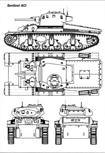 Cruiser Tank Sentinel ACIСоздан в 1942 г. в рамках программы разработки австралийского крейсерского танка. На его конструкцию сильно повлияла как американская, так и французская танкостроительная школа. В 1943 г, на заводе Chullora Tank Assembly Shops было изготовлено 66 единиц.КОНСТРУКЦИЯ И МОДИФИКАЦИИКорпус, собранный из литых деталей, литая башня. Командирская башенка с двухстворчатым люком. 2-фунтовая пушка и два пулемета с водяным охлаждением с массивными литыми бронемасками. Оо- дин из пулеметов курсовой. Подвеска конструктивно подобна подвеске французского танка Hotchkiss Н35.В боевых действиях танки ACI не участвовали, главным образом, по причине своей конструктивной недоработанности и технической ненадежности, Использовались только в учебных целях,Сборка опытного образца танка Sentinel ACIII на заводе Chullora Tank Assembly ShopsПодразделение танков Sentinel ACI на тактических занятиях. На головной машине хорошо видны литые броневые маски пушки и пулеметовКрейсерский танк Sentinel ACI. На фото хорошо видна характерная форма верхней части корпуса танка с "продавленной" подбашенной коробкойТАКТИКО-ТЕХНИЧЕСКИЕ ХАРАКТЕРИСТИКИ КРЕЙСЕРСКОГО ТАНКА Sentinel ACI
БОЕВАЯ МАССА, т: 28,215.ЭКИПАЖ, чел.: 5.ГАБАРИТНЫЕ РАЗМЕРЫ, мы. длина – 6325. ширина – 2769, высота – 2565, клиренс – 381.ВООРУЖЕНИЕ: 1 пушка Мк IX калибра 2 фунта, 2 пулемета Vickers калибра 7,7 мм.