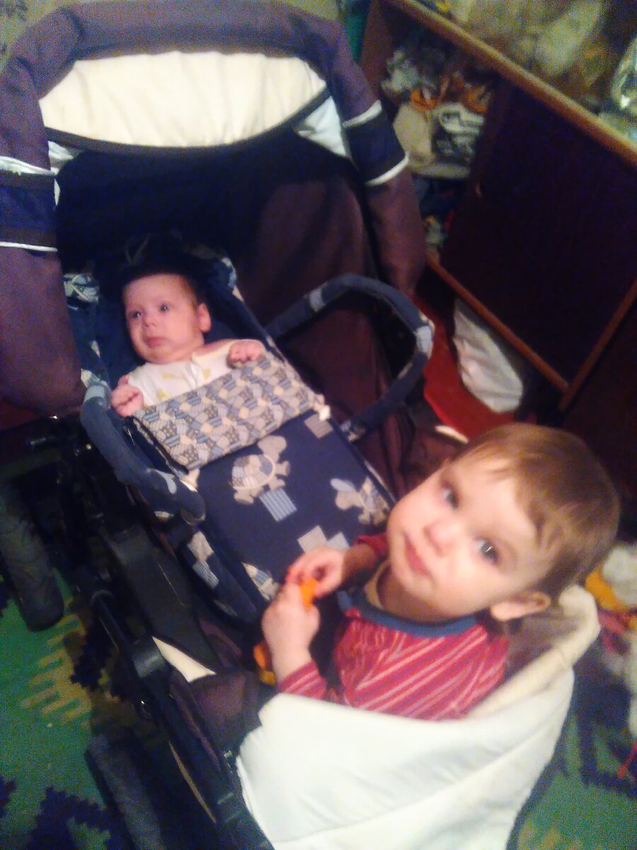 Вот так их катаю по квартире в коляске вместе