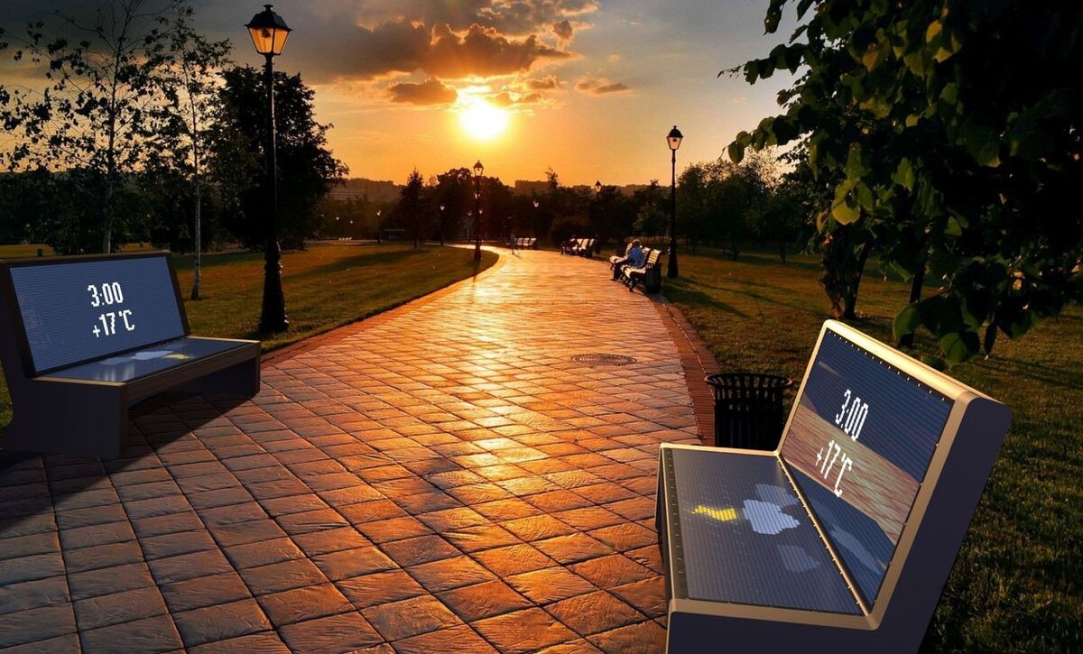  У смарт-скамейки яркий дисплей, который не слепит и виден издалека