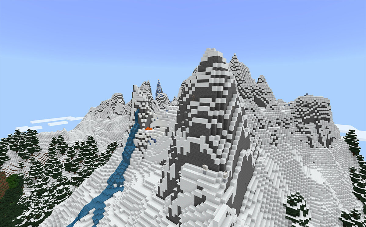 В Minecraft Bedrock добавлены горы — высокие вершины, заснеженные вершины, снежные склоны, горная роща и горные луга!