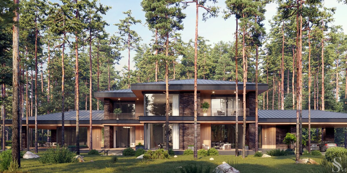 Фасад дома выполнен из клинкерного кирпича и термообработанного дерева