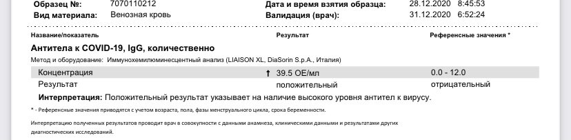 Результат количественного теста на антитела G- значение говорит о высоком титре антител 