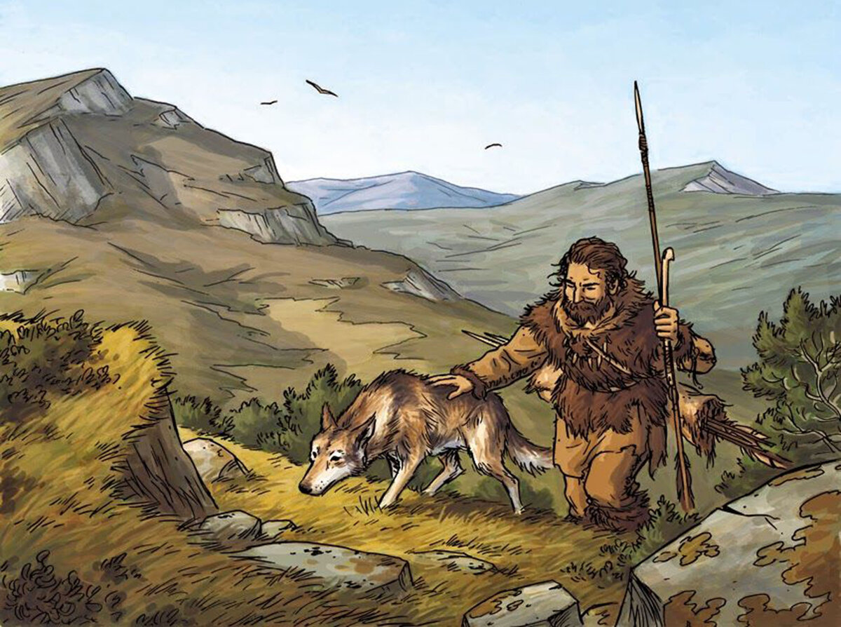 Первобытный мир века. Древние люди и собаки. Древний охотник. Древние люди приручают животных. Древние люди приручили собаку.