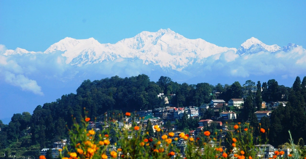 Вид на пятивершинную гору Канченджанга из города Дарджилинг