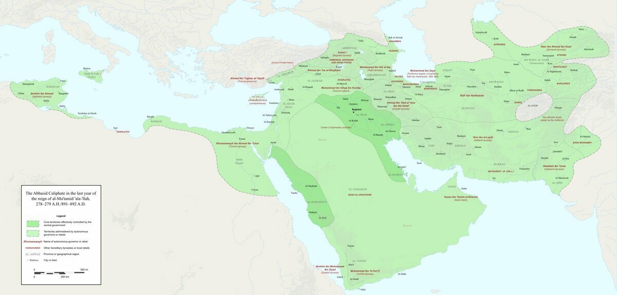 Светло-зеленым - халифат Аббасидов во время величия. Темно-зеленые земли в Междуречье - все, что осталось под конец