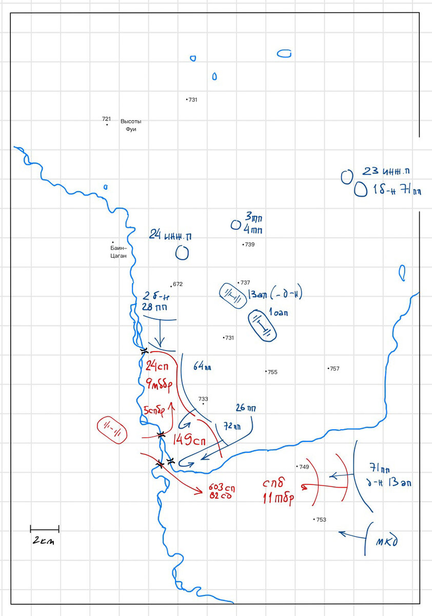 Схема боёв 8 июля. Не показаны советские контратаки в центре позиции. Хорошо видно, насколько далеко 71-й полк отставал от общего наступления. 