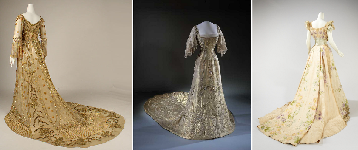 Вечерние платья 1900-х. Слева и справа - из коллекции музея Метрополитен (Нью-Йорк). В центре - из коллекции Национального музея искусства, архитектуры и дизайна (Осло).