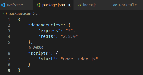 Файл конфигурации package.json для приложения-счетчика на Node.js
