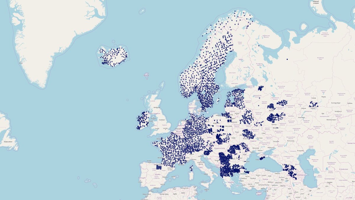Карта европейского пробоотбора мхов-биомониторов в 2015-2016 гг. 