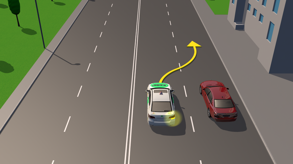 Водитель красного автомобиля хочет начать движение. Учебный автомобиль едет по соседней полосе. Спрашивается: может ли водитель красного автомобиля начать движение?