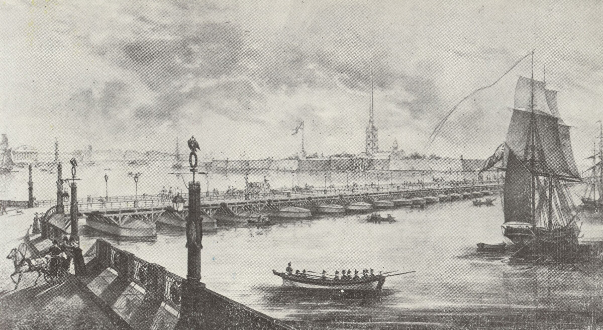 Карл Петрович Беггров.  Троицкий наплавной мост. Литография. 1820-е годы