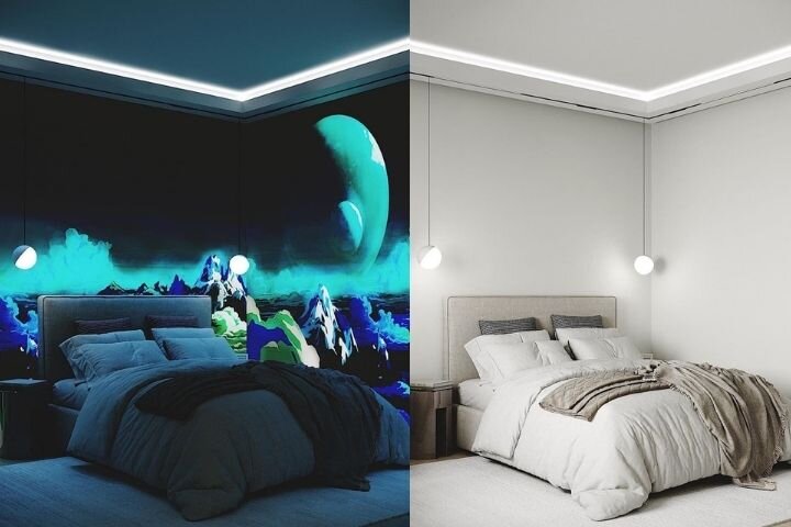 Футуристичный рисунок в спальне и вид при дневном свете