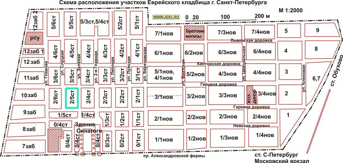 Современный план кладбища. Зеленым цветом отмечен участок «2/5 старый». Именно тут было 6-е военное отделения 3 разряда. Фото jekl.spb.ru